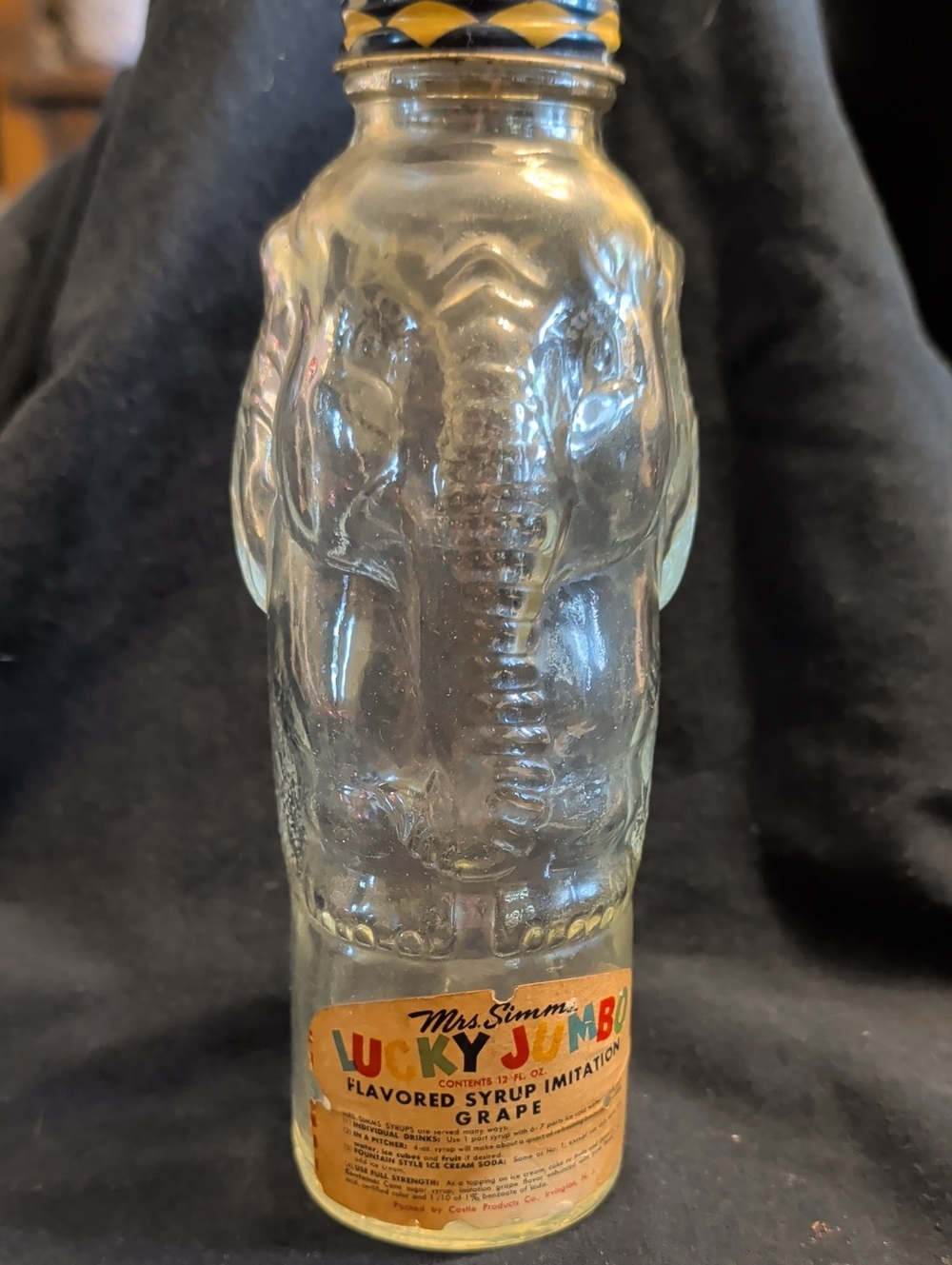 Vintage Glass Lucky Jumbo Grape Flavored Syrup Bottle and Bank Elephant Design